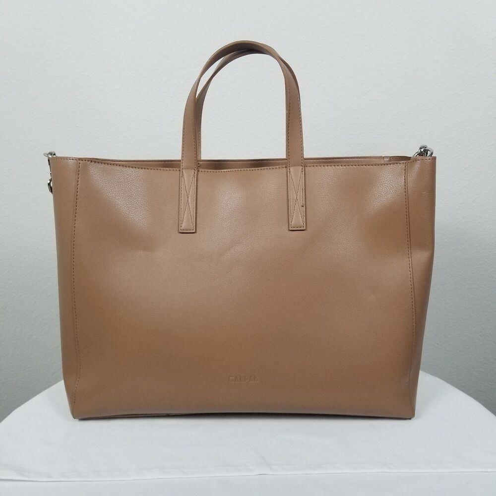 Calpak Haven 16" Laptop Tote Travel Vegan Leather Neutral Pockets Bag in Toffee